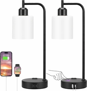Industrial Touch Bedside Lamps for Bedrooms Set of 2 - 3-Way Dimmable Nightstand Lamps with USB C A Ports and Outlet, Table Lamps with Opal Glass Shade for Living Room, Desk Lamps for Home Office