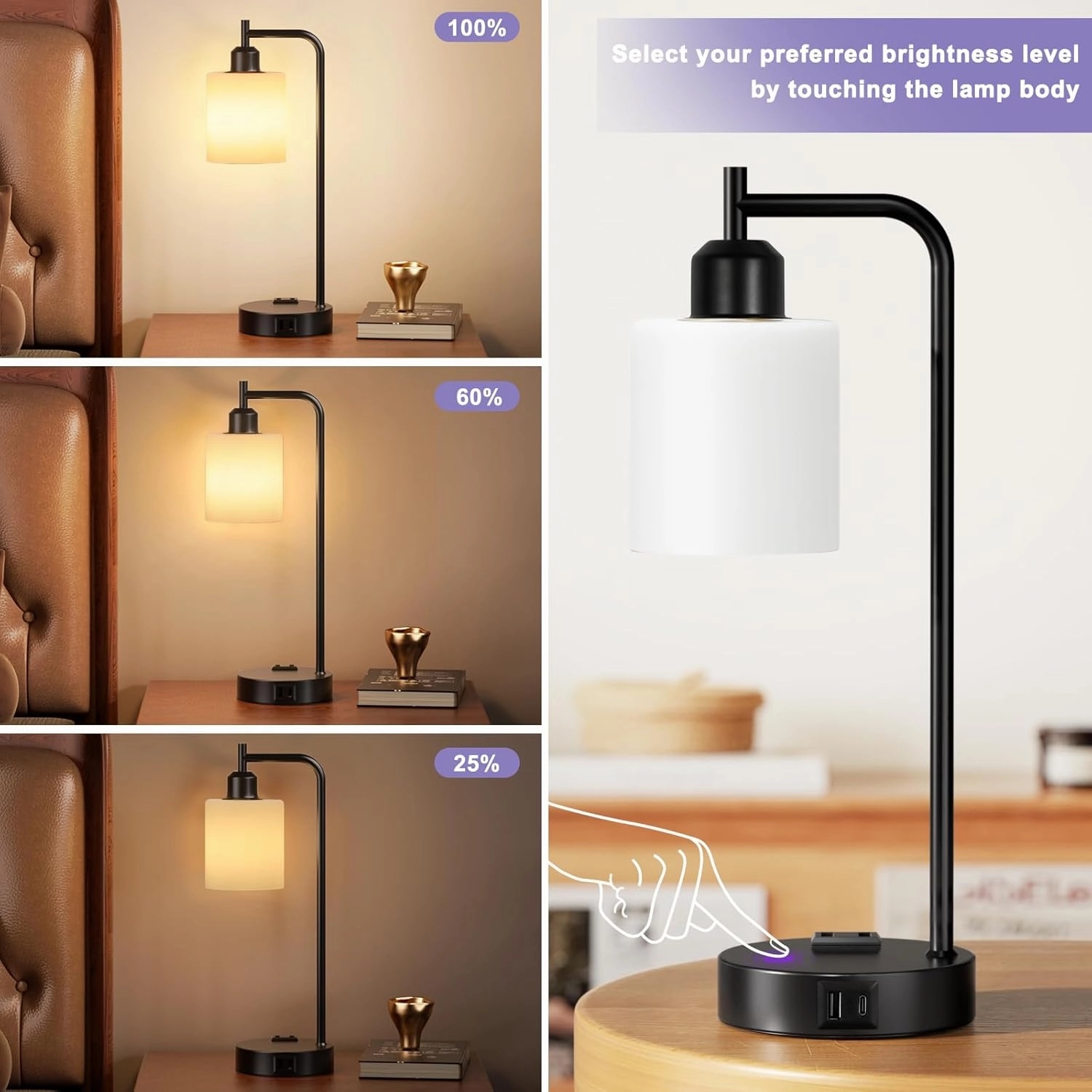 Industrial Touch Bedside Lamps for Bedrooms Set of 2 - 3-Way Dimmable Nightstand Lamps with USB C A Ports and Outlet, Table Lamps with Opal Glass Shade for Living Room, Desk Lamps for Home Office