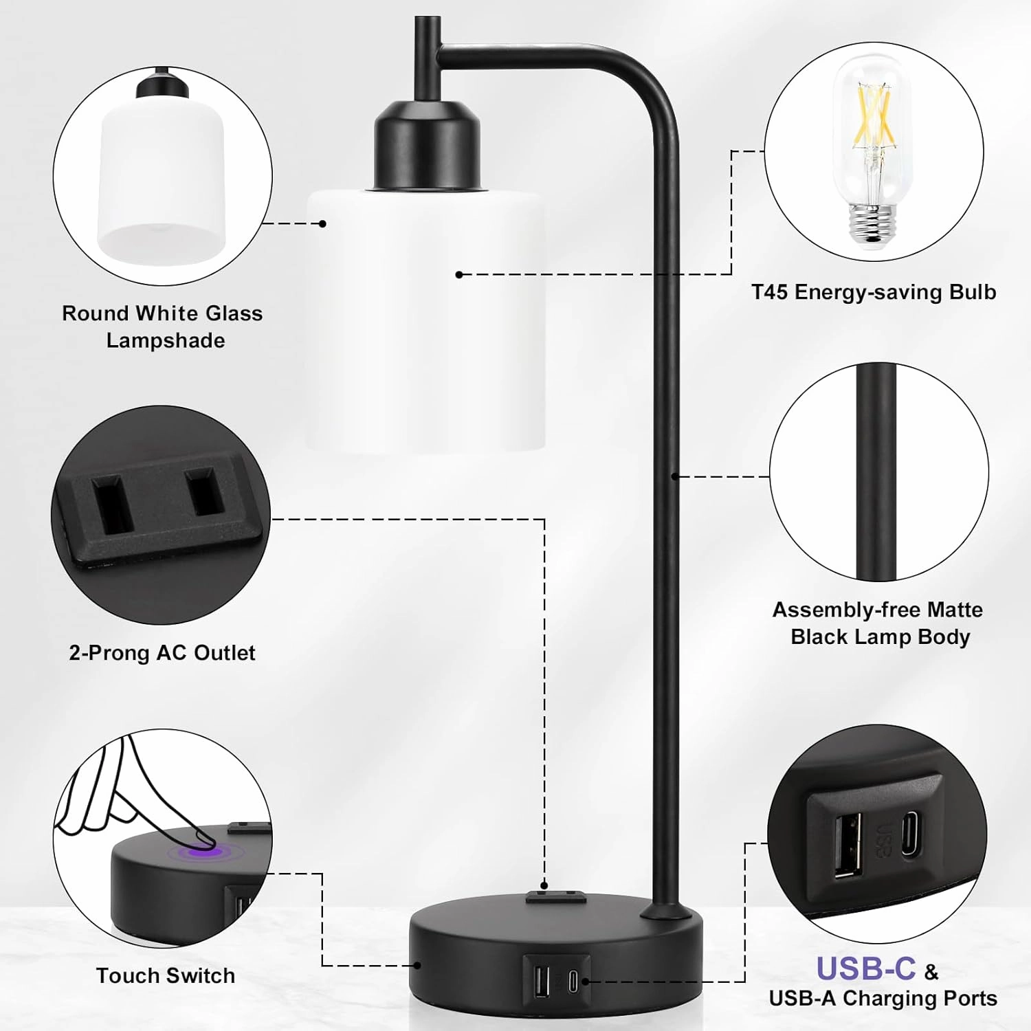 Industrial Touch Bedside Lamps for Bedrooms Set of 2 - 3-Way Dimmable Nightstand Lamps with USB C A Ports and Outlet, Table Lamps with Opal Glass Shade for Living Room, Desk Lamps for Home Office