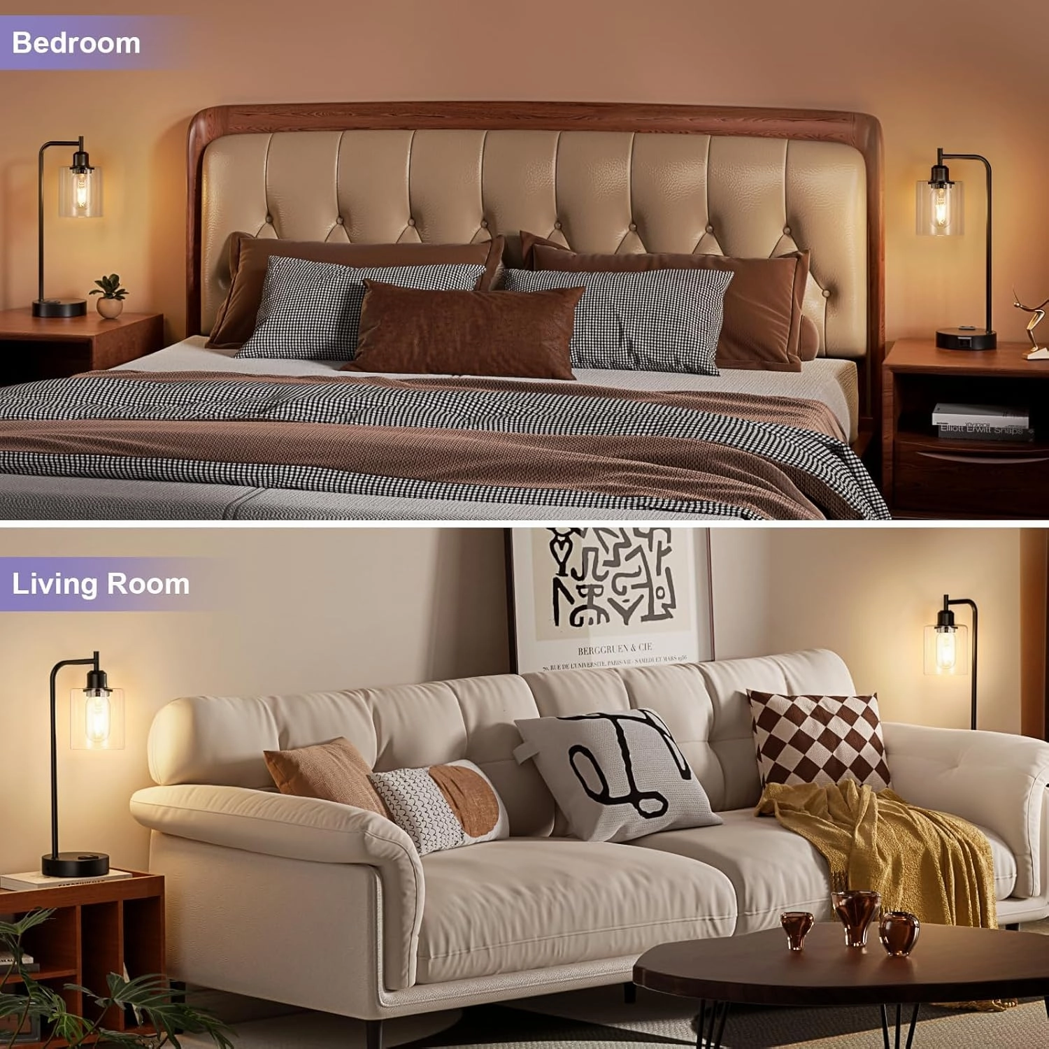 Industrial Touch Table Lamps for Bedrooms Set of 2 - 3-Way Dimmable Nightstand Lamps with USB C A Ports and Outlet, Black Bedside Lamps with Glass Shade for Living Room, Desk Lamps for Home Office
