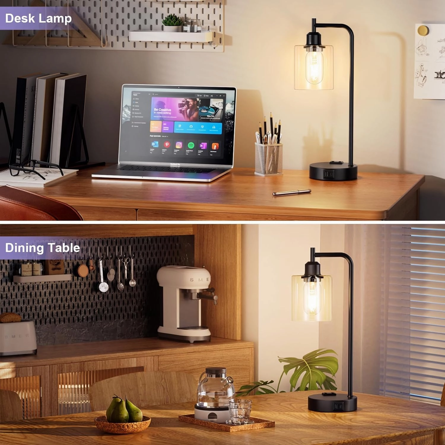 Industrial Touch Table Lamps for Bedrooms Set of 2 - 3-Way Dimmable Nightstand Lamps with USB C A Ports and Outlet, Black Bedside Lamps with Glass Shade for Living Room, Desk Lamps for Home Office