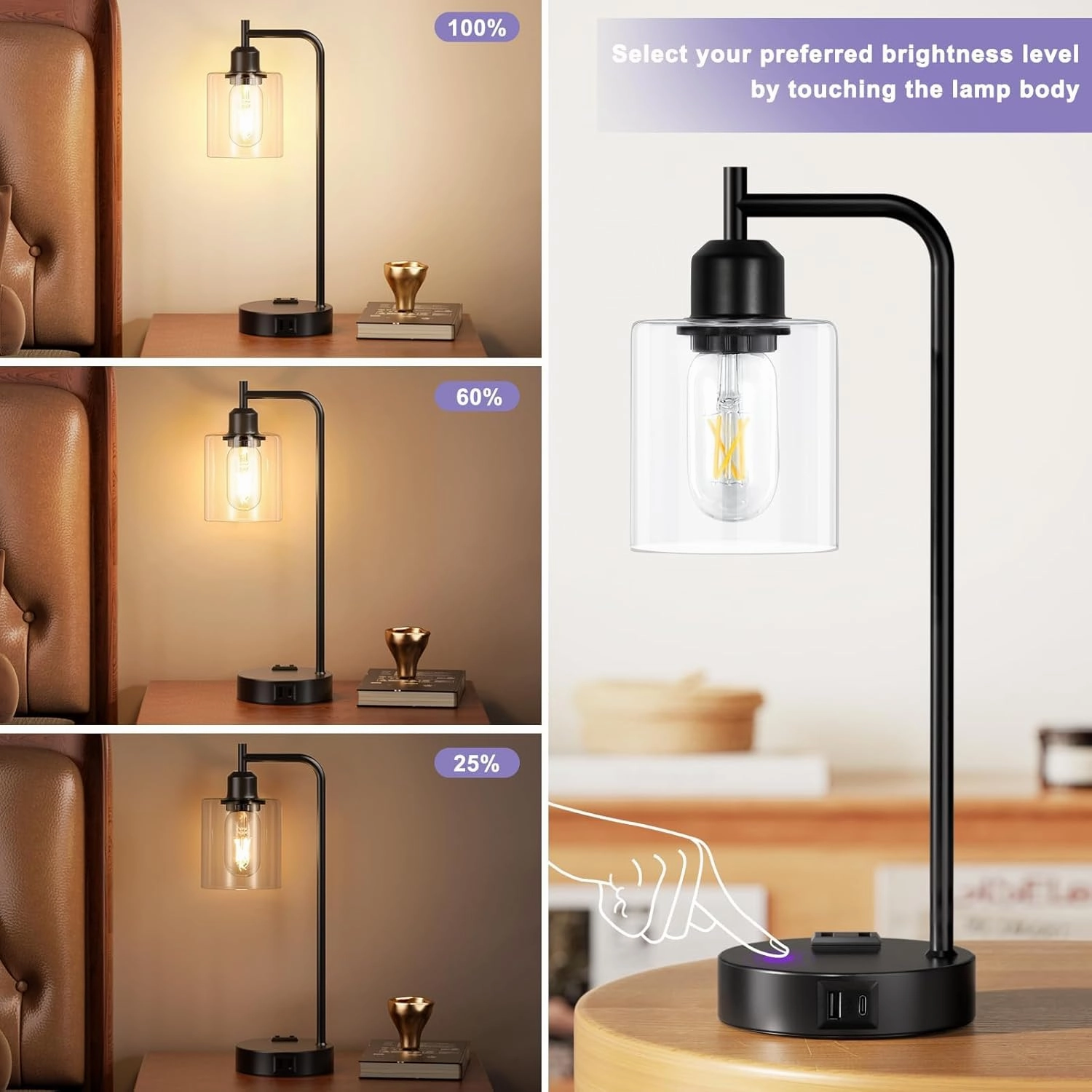 Industrial Touch Table Lamps for Bedrooms Set of 2 - 3-Way Dimmable Nightstand Lamps with USB C A Ports and Outlet, Black Bedside Lamps with Glass Shade for Living Room, Desk Lamps for Home Office