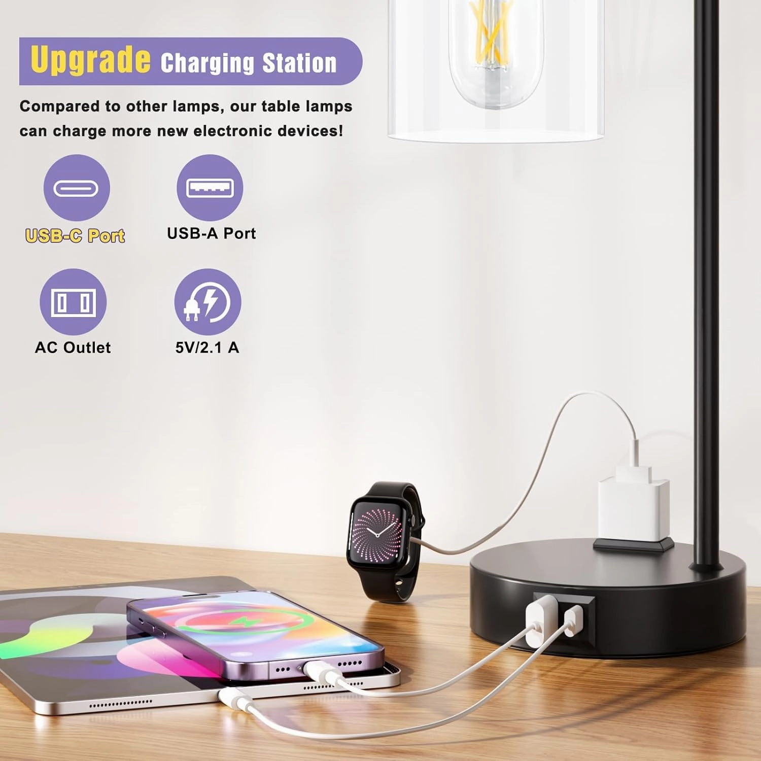 Industrial Touch Table Lamps for Bedrooms Set of 2 - 3-Way Dimmable Nightstand Lamps with USB C A Ports and Outlet, Black Bedside Lamps with Glass Shade for Living Room, Desk Lamps for Home Office