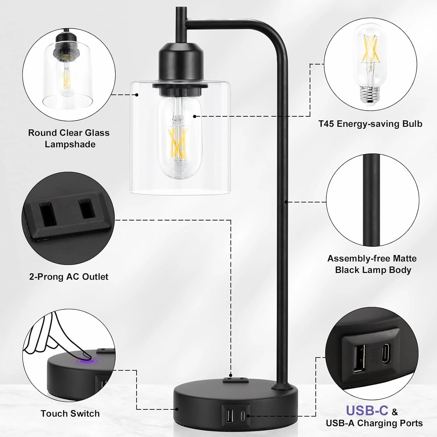 Industrial Touch Table Lamps for Bedrooms Set of 2 - 3-Way Dimmable Nightstand Lamps with USB C A Ports and Outlet, Black Bedside Lamps with Glass Shade for Living Room, Desk Lamps for Home Office