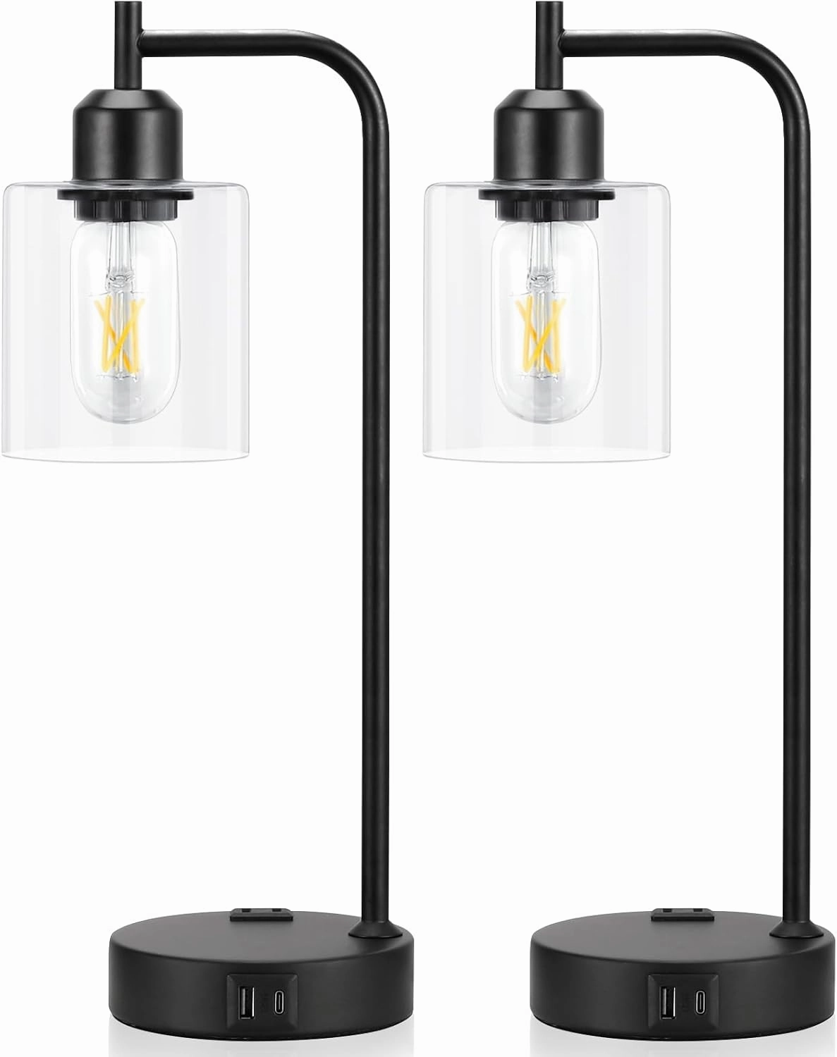Industrial Touch Table Lamps for Bedrooms Set of 2 - 3-Way Dimmable Nightstand Lamps with USB C A Ports and Outlet, Black Bedside Lamps with Glass Shade for Living Room, Desk Lamps for Home Office