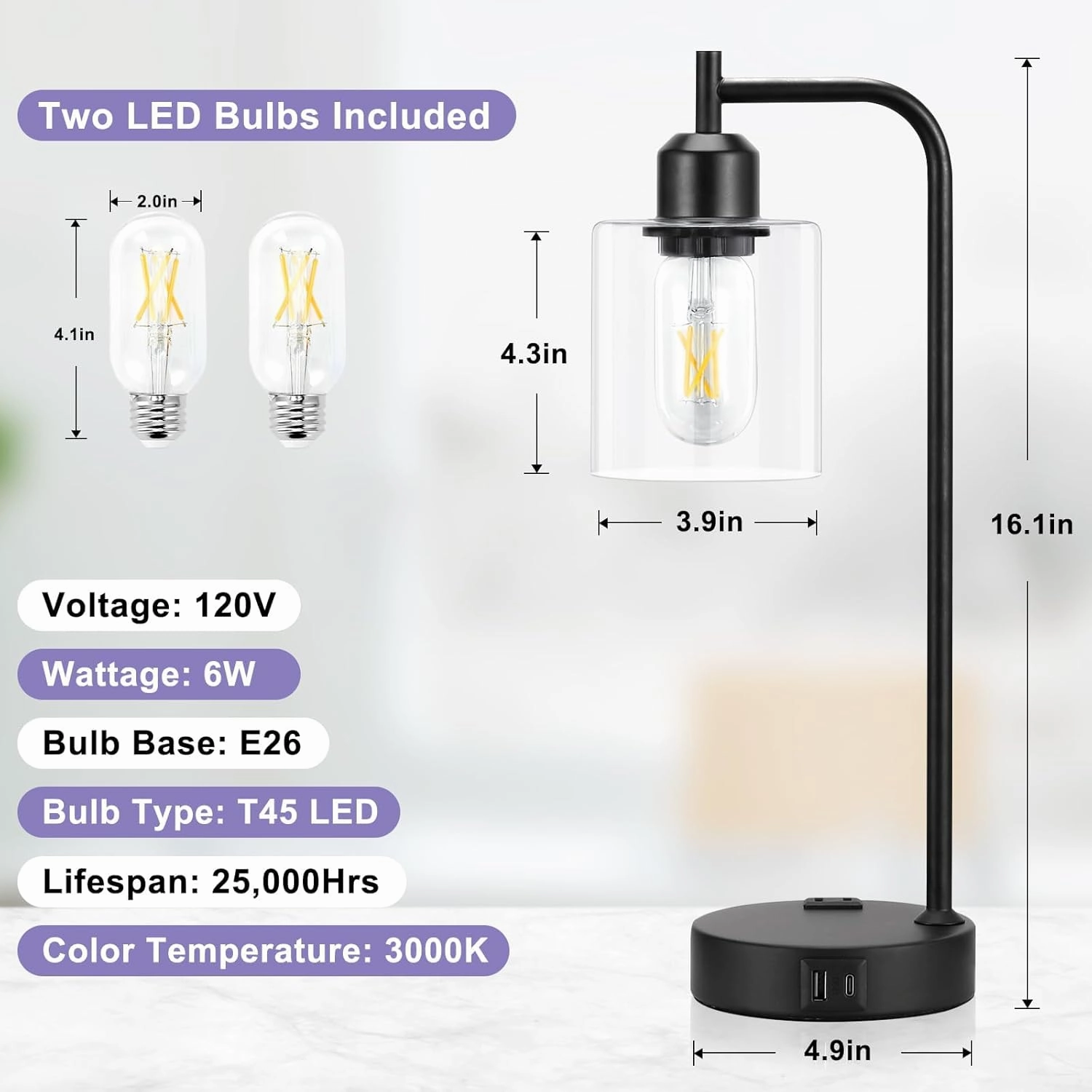 Industrial Touch Table Lamps for Bedrooms Set of 2 - 3-Way Dimmable Nightstand Lamps with USB C A Ports and Outlet, Black Bedside Lamps with Glass Shade for Living Room, Desk Lamps for Home Office