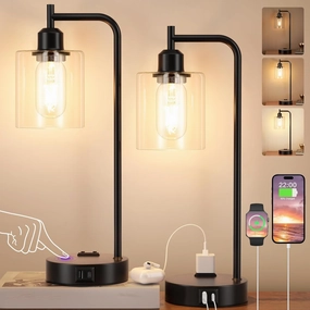 Industrial Touch Table Lamps for Bedrooms Set of 2 - 3-Way Dimmable Nightstand Lamps with USB C A Ports and Outlet, Black Bedside Lamps with Glass Shade for Living Room, Desk Lamps for Home Office