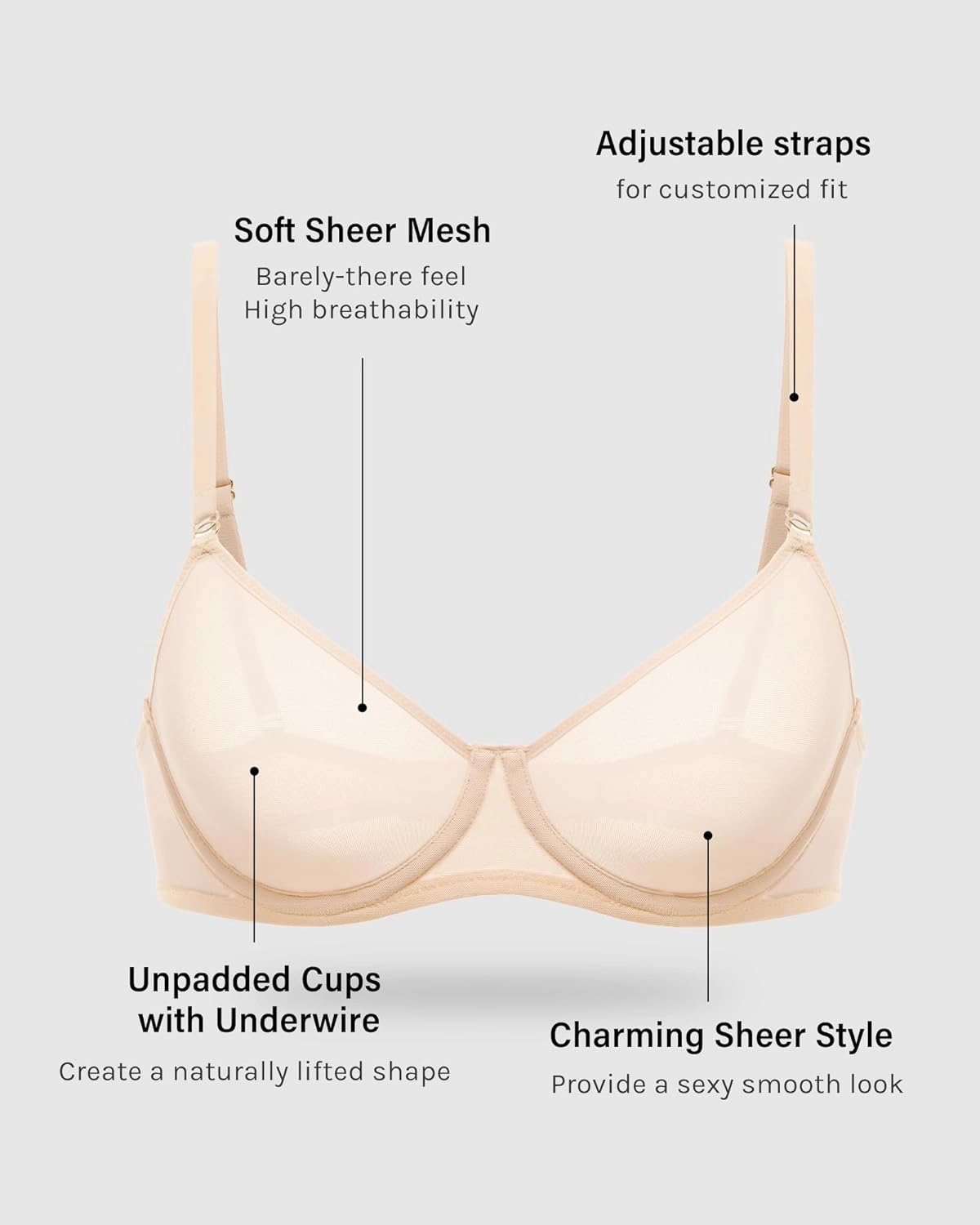 INLYRIC Women's Sheer Demi Balconette Bra - Sexy Mesh Unlined Underwire See Through Demi Bras
