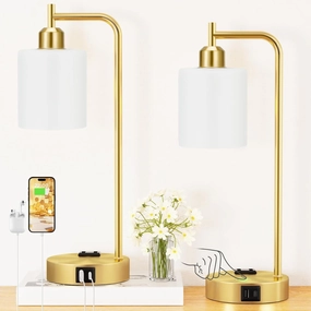 Innqoo Industrial Gold Table Lamps for Bedrooms Set of 2-3-Way Dimmable Desk Lamp with USB C A Ports and Outlet, Gold Lamps with Opal Glass Shade for Living Room, Desk Lamps for Home Office