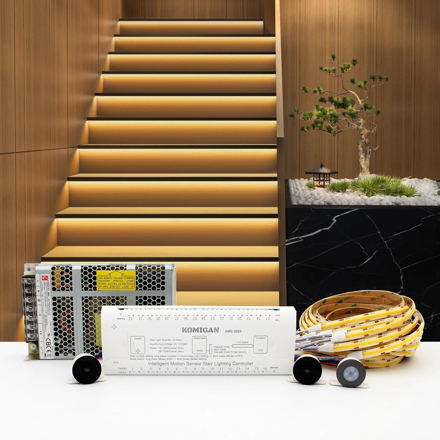 Intelligent Motion Triggered LED Stair Lighting Kit KMG-3233, 40" Cuttable LED Strip Light for Indoor LED Stair Lights (Warm White 3000K,16 Stairs)