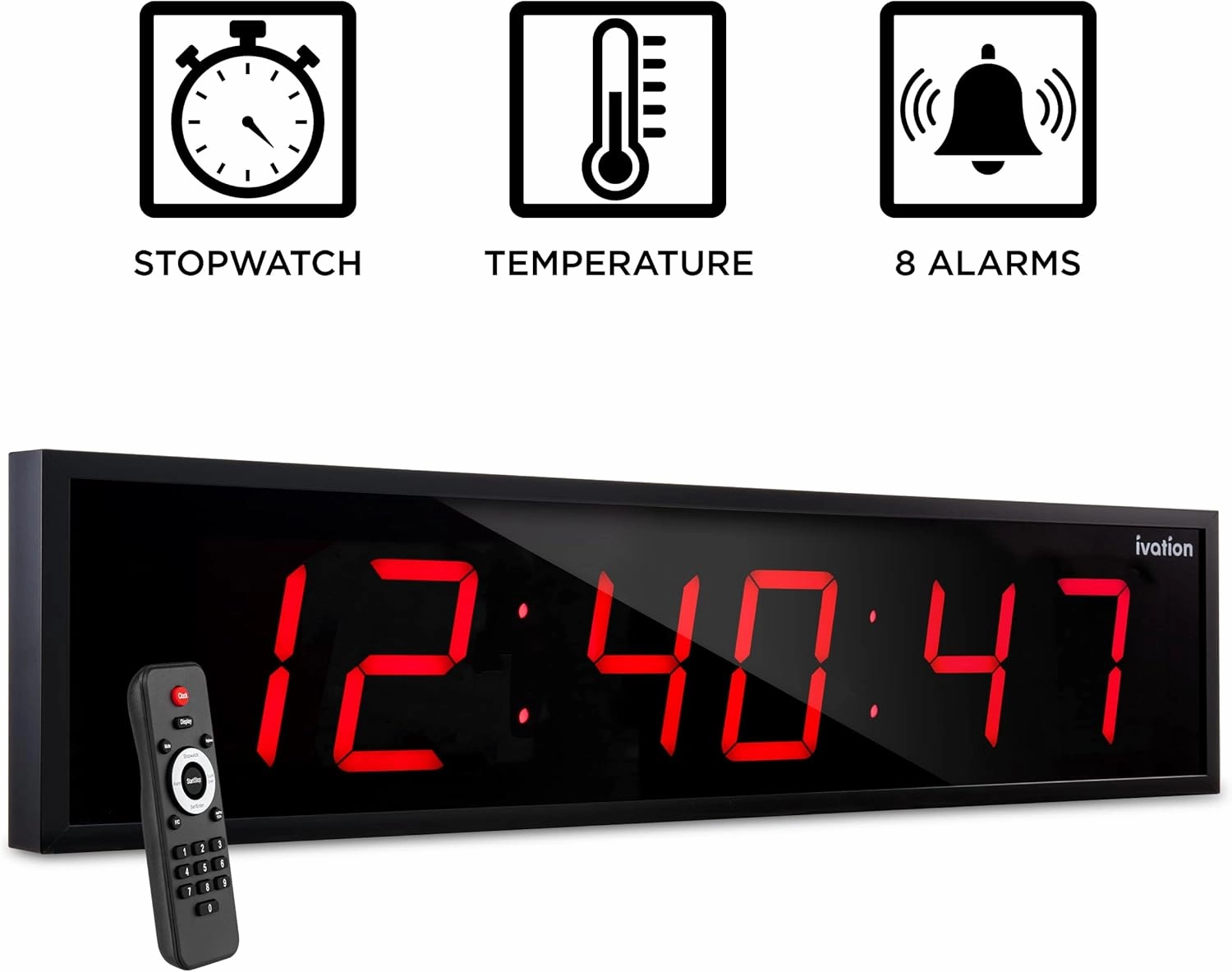 Ivation Huge 72" Inch Large Big Oversized Digital LED Clock with Stopwatch, Alarms, Countdown Timer & Temp - Shelf or Wall Mount (Red) | 6-Level Brightness, Mounting Holes & Hardware