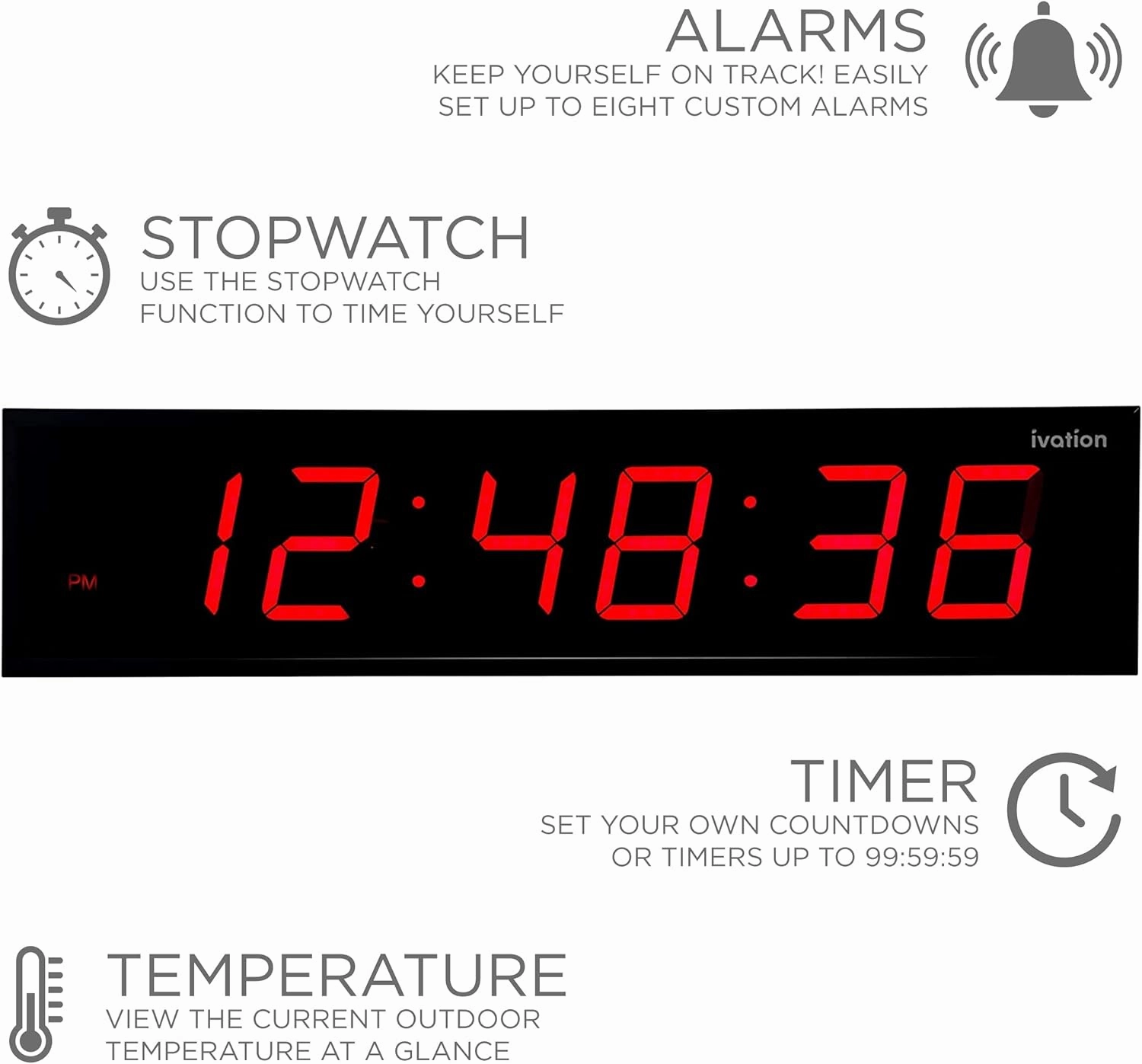 Ivation Huge 72" Inch Large Big Oversized Digital LED Clock with Stopwatch, Alarms, Countdown Timer & Temp - Shelf or Wall Mount (Red) | 6-Level Brightness, Mounting Holes & Hardware