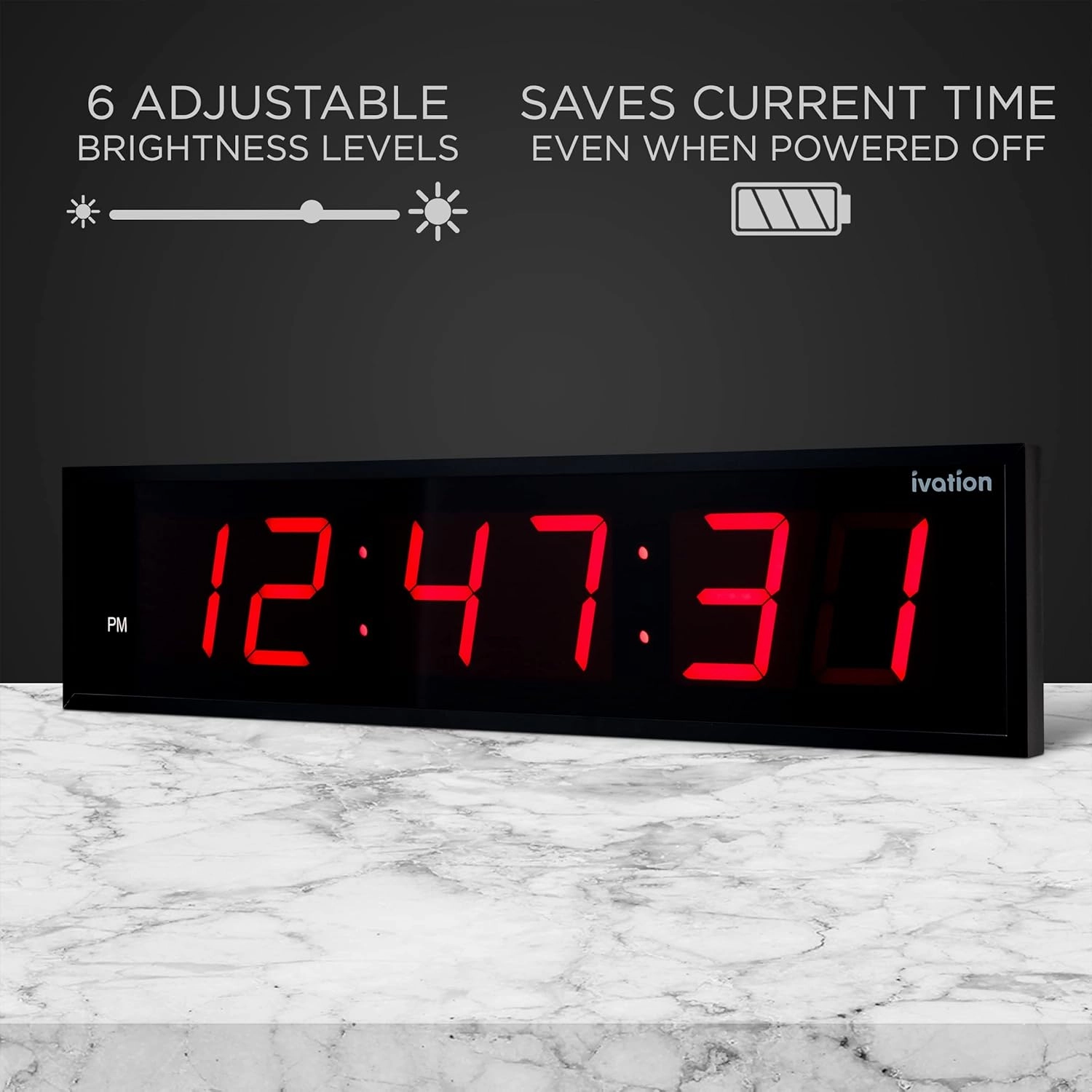Ivation Huge 72" Inch Large Big Oversized Digital LED Clock with Stopwatch, Alarms, Countdown Timer & Temp - Shelf or Wall Mount (Red) | 6-Level Brightness, Mounting Holes & Hardware