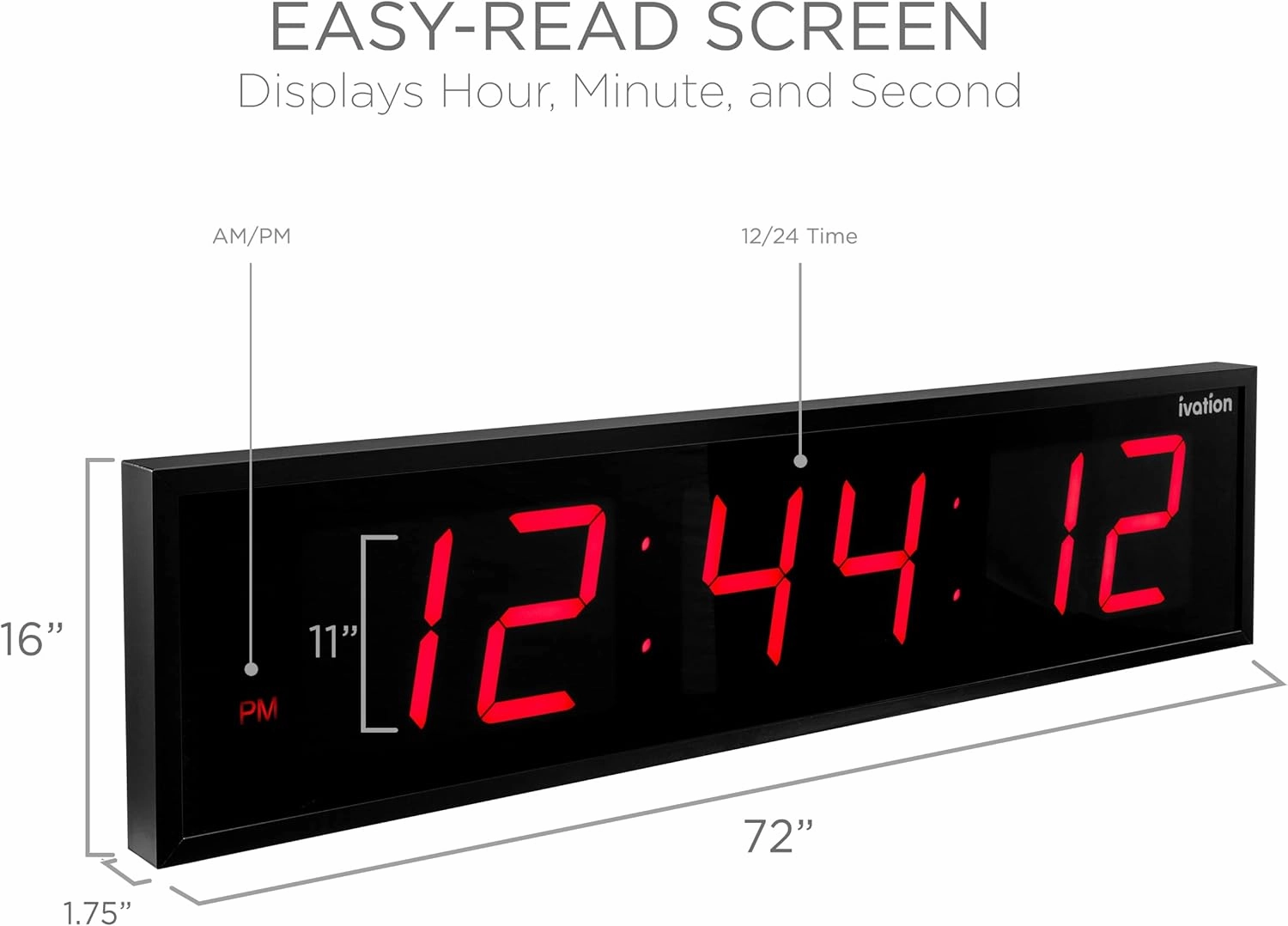 Ivation Huge 72" Inch Large Big Oversized Digital LED Clock with Stopwatch, Alarms, Countdown Timer & Temp - Shelf or Wall Mount (Red) | 6-Level Brightness, Mounting Holes & Hardware