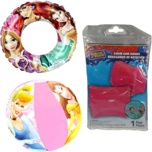 Ja'Cor Princesses Inflatable 3 Bundle Set– Princess Beach Pool Water Swim Rings, Arm Bands Floats, Princess Beach Ball Floaties– for Spring Summer Fun Outdoor Playtime
