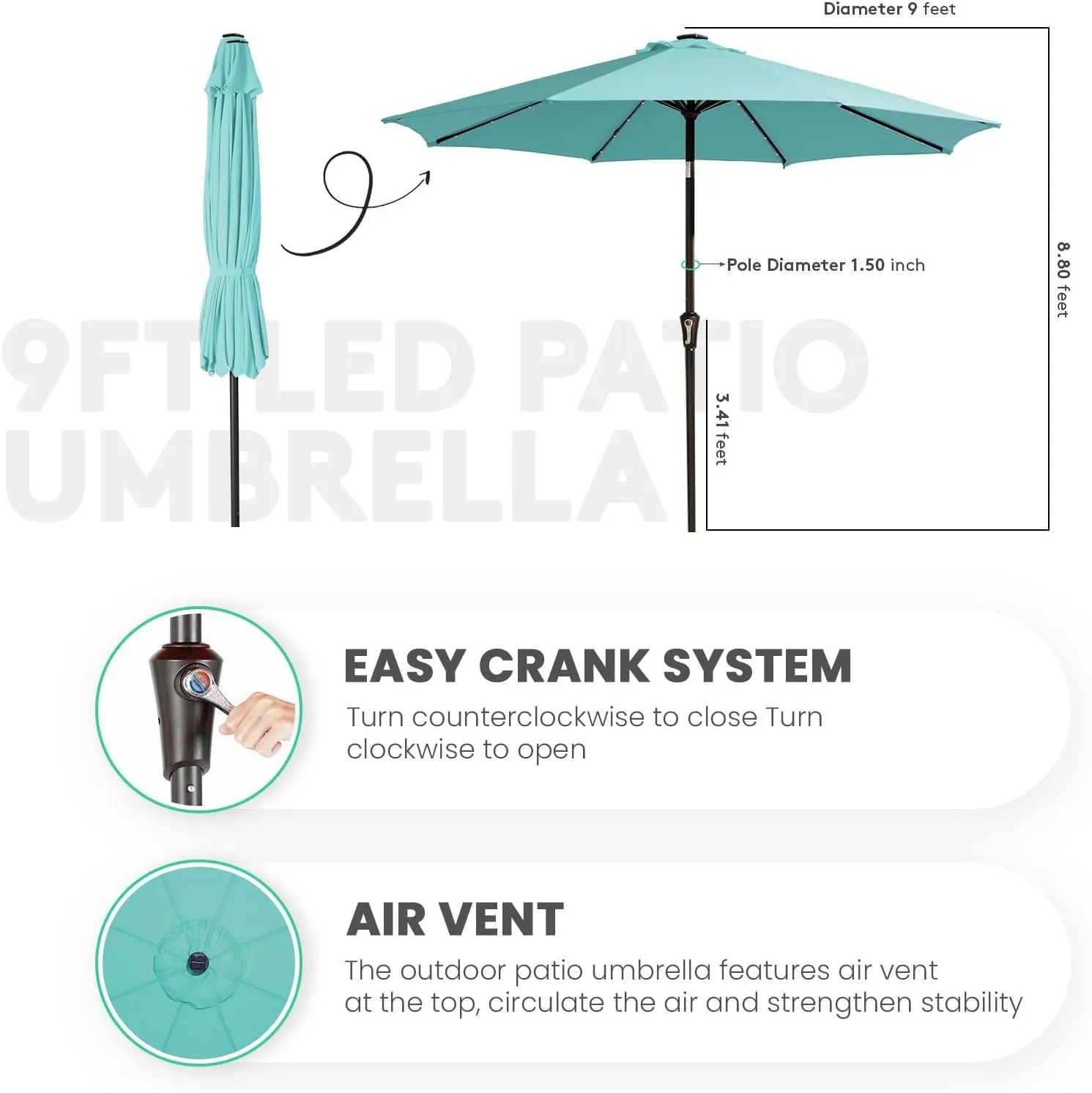 JEAREY Upgrade 9FT LED Lighted Patio Umbrella, Solar Outdoor Umbrella, Tilt Table Umbrella for Pool(Turquoise)