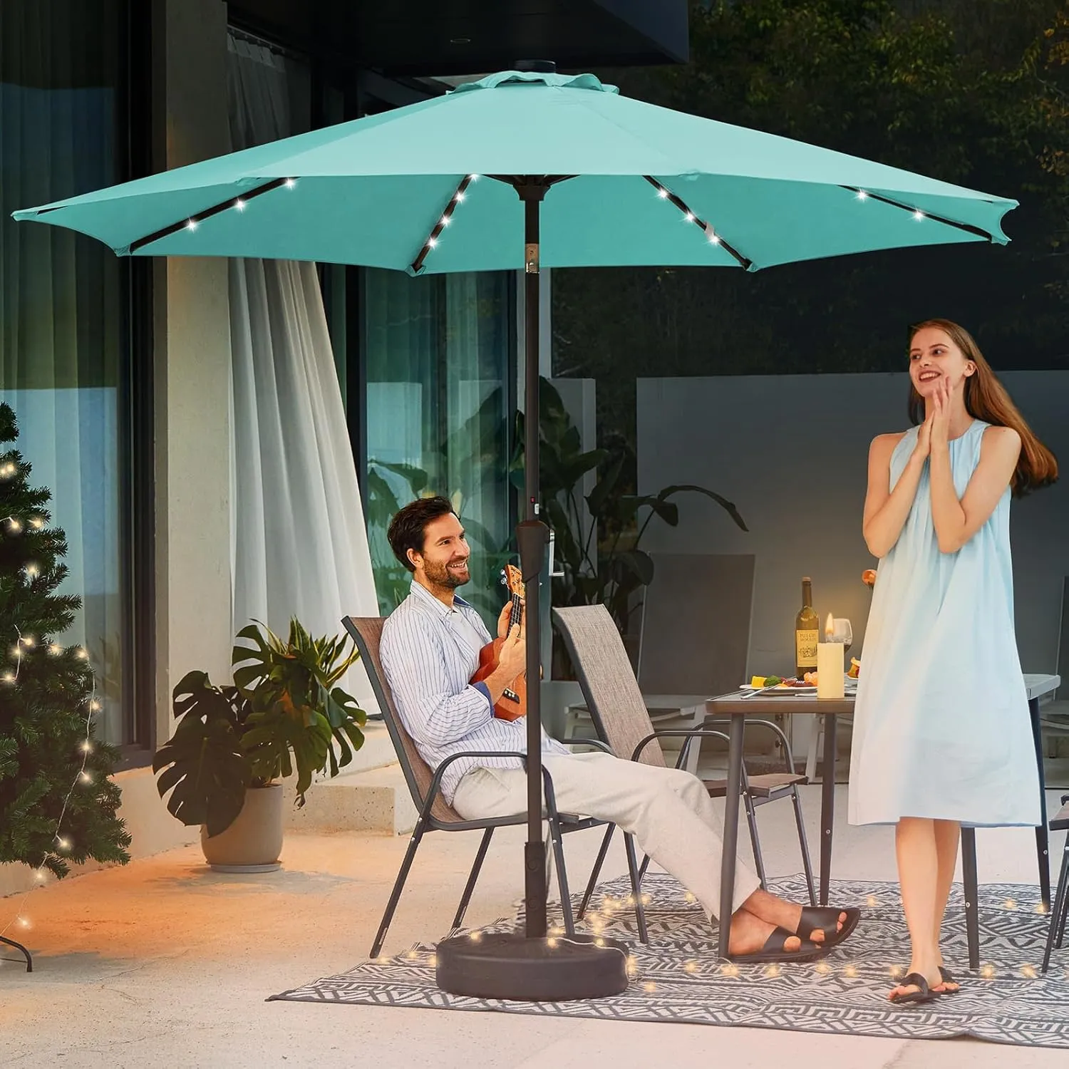 JEAREY Upgrade 9FT LED Lighted Patio Umbrella, Solar Outdoor Umbrella, Tilt Table Umbrella for Pool(Turquoise)