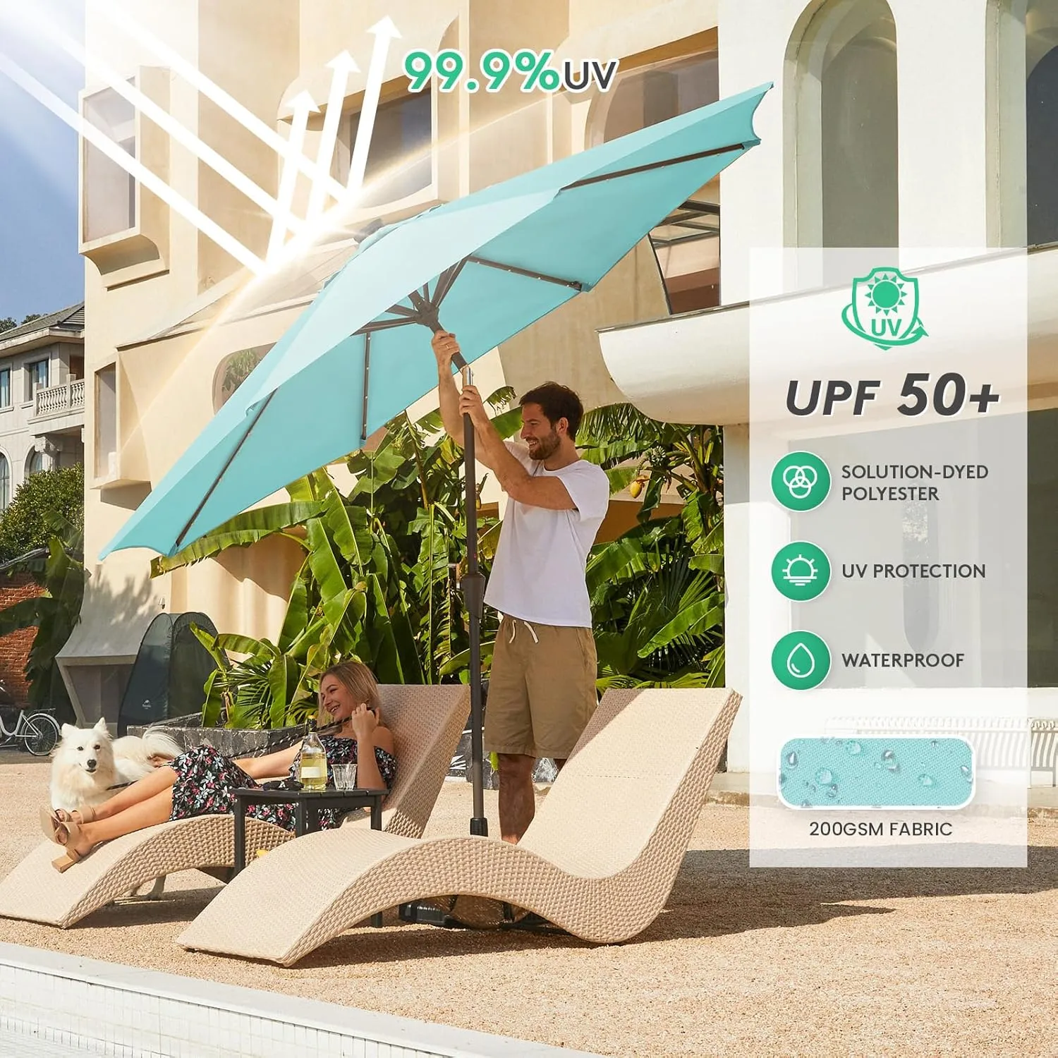 JEAREY Upgrade 9FT LED Lighted Patio Umbrella, Solar Outdoor Umbrella, Tilt Table Umbrella for Pool(Turquoise)