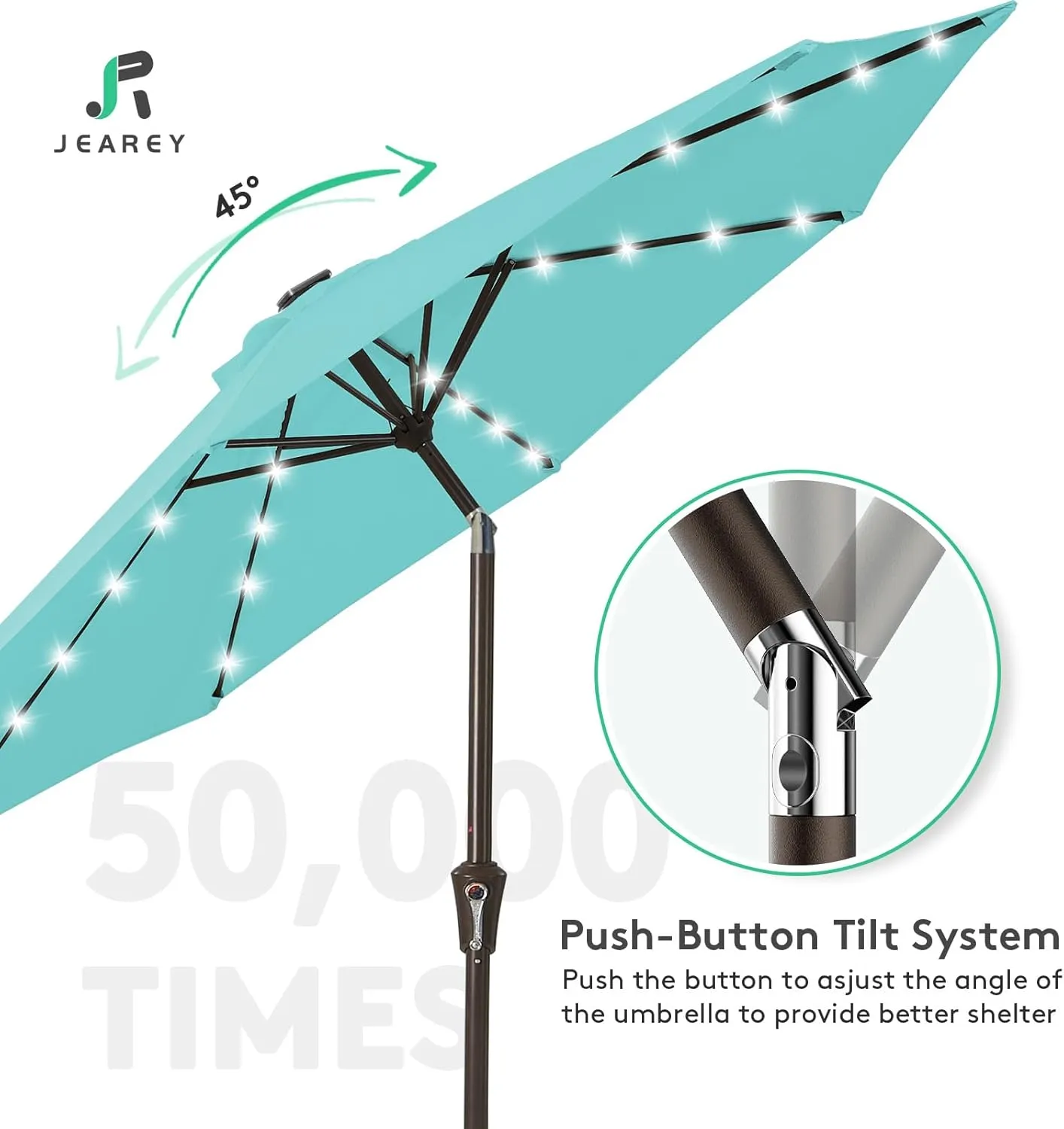 JEAREY Upgrade 9FT LED Lighted Patio Umbrella, Solar Outdoor Umbrella, Tilt Table Umbrella for Pool(Turquoise)