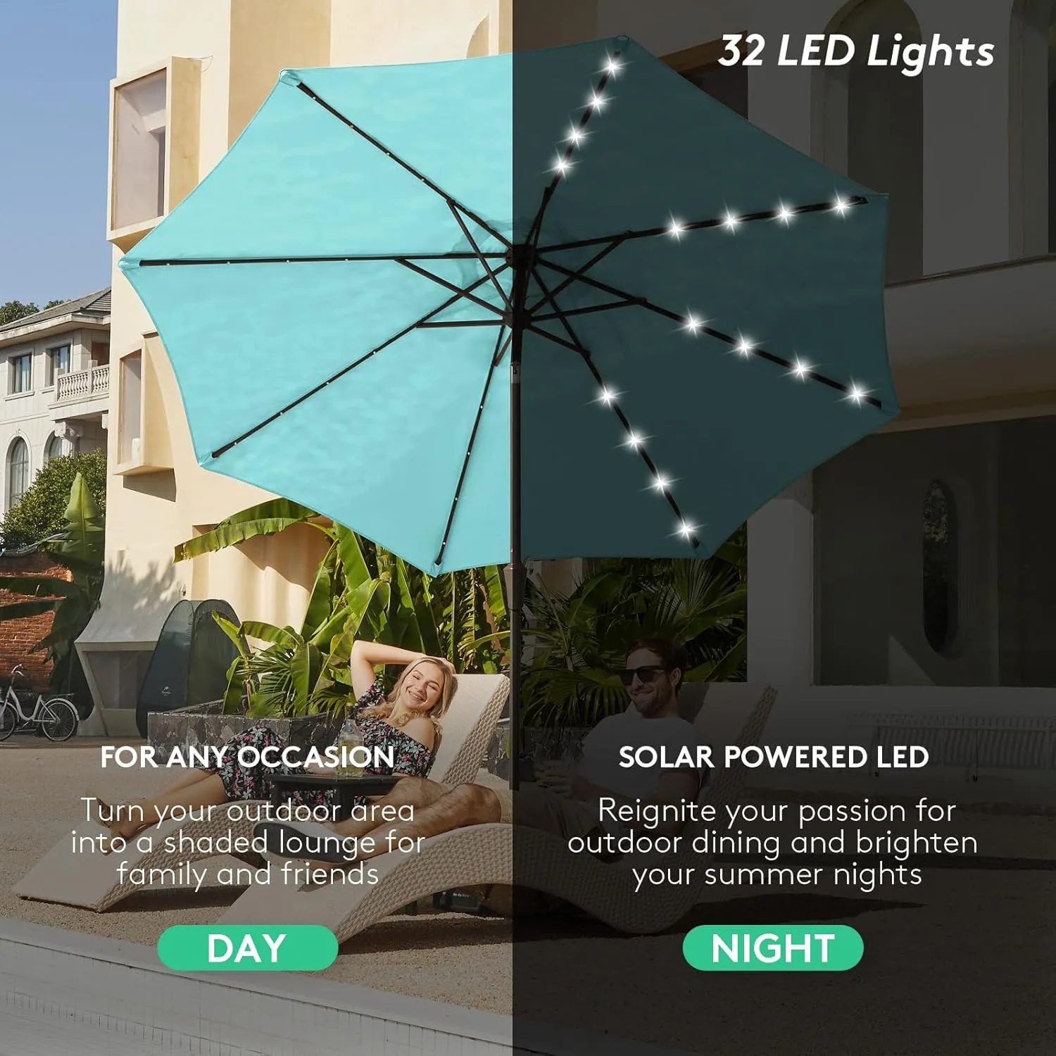 JEAREY Upgrade 9FT LED Lighted Patio Umbrella, Solar Outdoor Umbrella, Tilt Table Umbrella for Pool(Turquoise)
