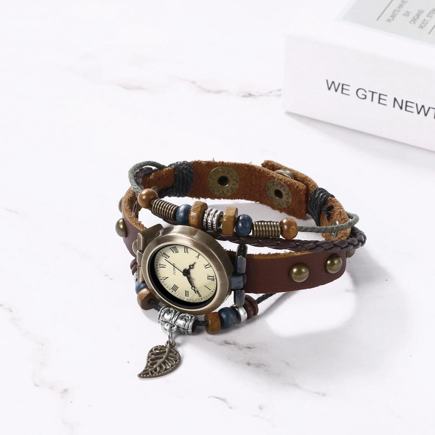 JewelryWe Women Quartz Bracelet Watch Fashion Weave Wrap Around Leather Wrist Watch Classic Bracelet Watch for Summer Beach