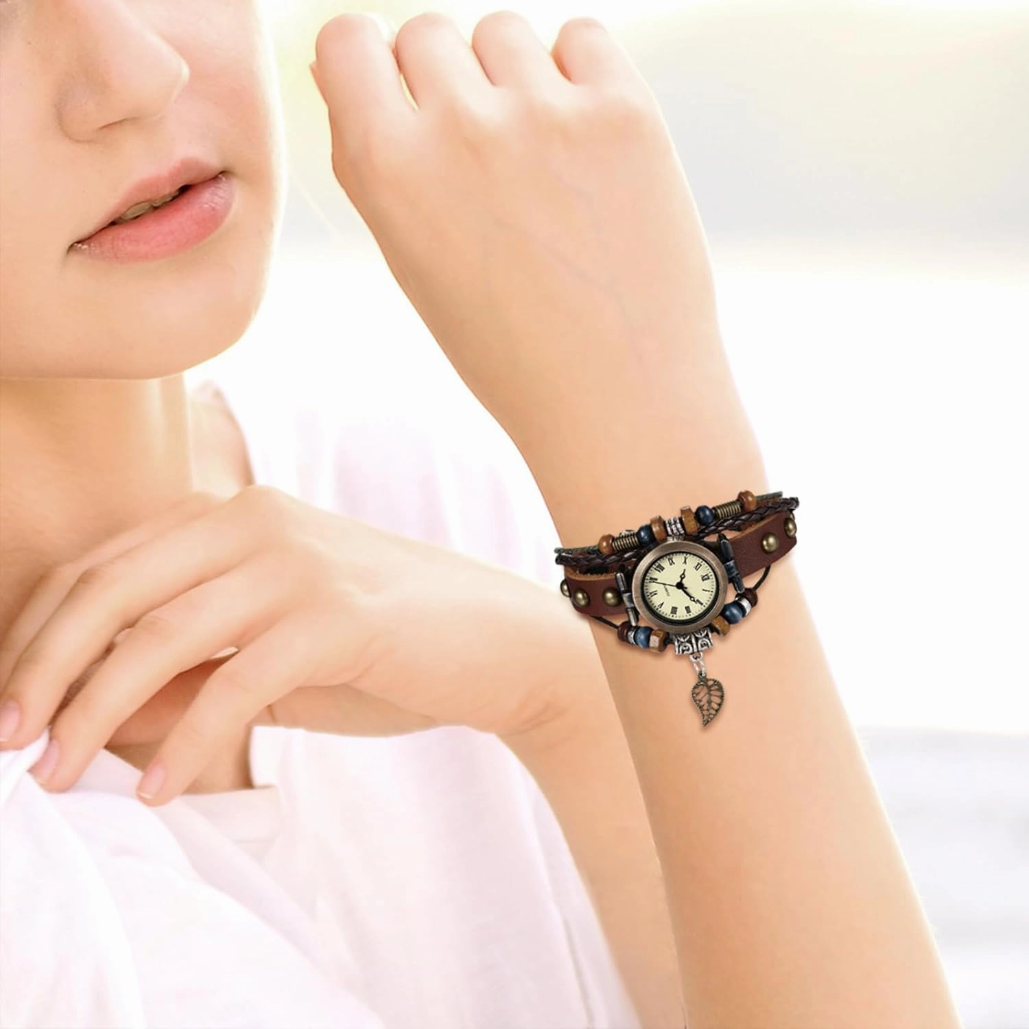JewelryWe Women Quartz Bracelet Watch Fashion Weave Wrap Around Leather Wrist Watch Classic Bracelet Watch for Summer Beach