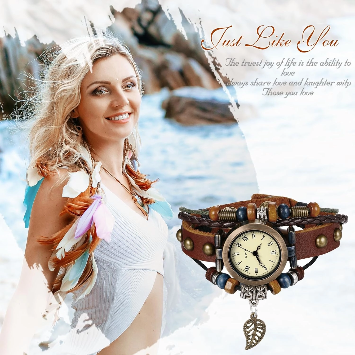 JewelryWe Women Quartz Bracelet Watch Fashion Weave Wrap Around Leather Wrist Watch Classic Bracelet Watch for Summer Beach