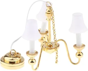 jojomis Dolls House Dollhouse Battery Chandelier Lamp 1/12 Scale Miniature Ceiling Light with White Metal Lampshade for Victorian Dollhouse Decor