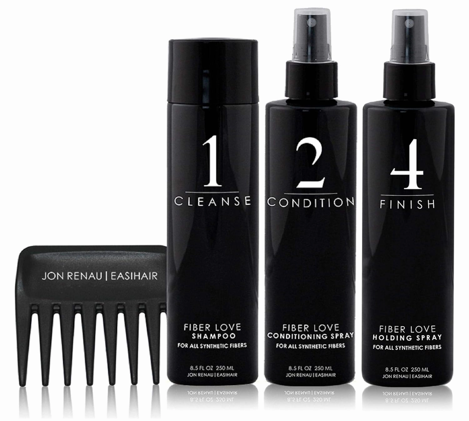 Jon Renau Synthetic Hair Care System Kits (4 Pieces: 8oz Shampoo, 8oz Conditioning Spray, 8oz Holding Spray, Wide Tooth Comb)