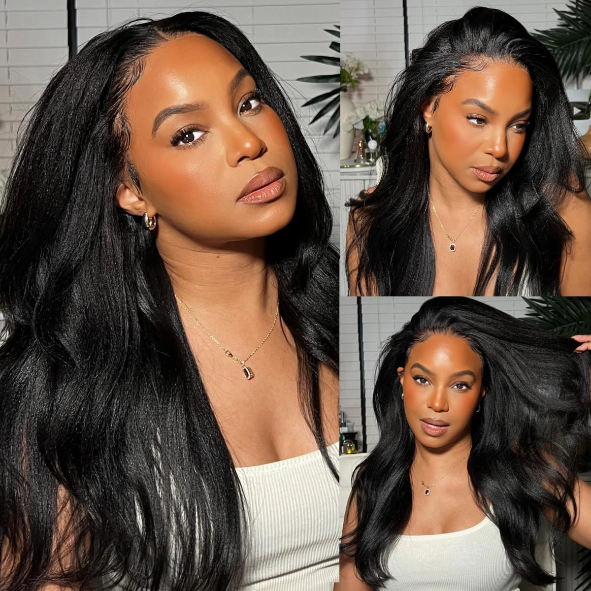 Julia Hair V Part Wig Human Hair Yaki Straight Glueless Wigs for Women 12A Briazilian Remy Hair Upgrade U Part Wig No Glue No Leave Out Beginner Friendly Natural Color 16 Inch Yaki Wig