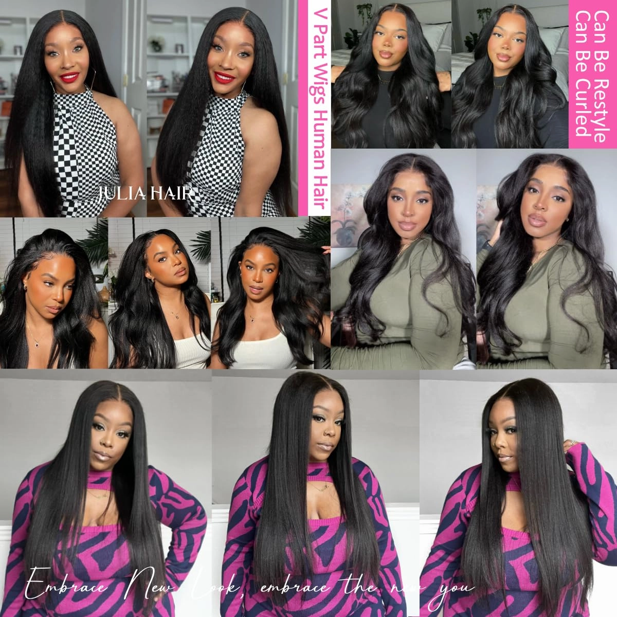 Julia Hair V Part Wig Human Hair Yaki Straight Glueless Wigs for Women 12A Briazilian Remy Hair Upgrade U Part Wig No Glue No Leave Out Beginner Friendly Natural Color 16 Inch Yaki Wig