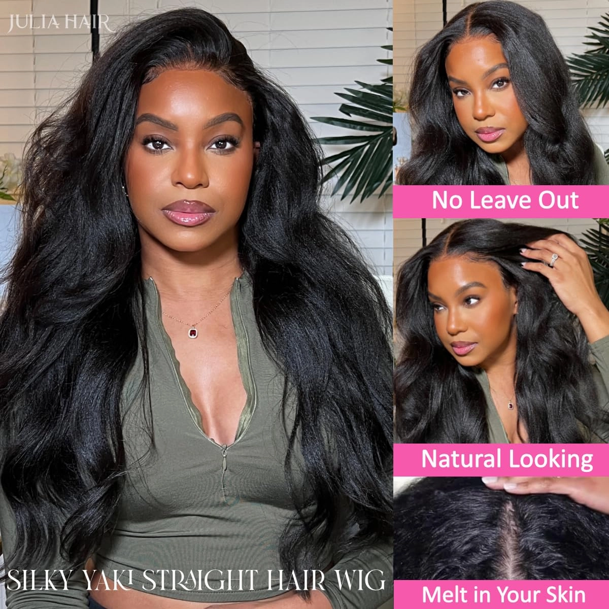 Julia Hair V Part Wig Human Hair Yaki Straight Glueless Wigs for Women 12A Briazilian Remy Hair Upgrade U Part Wig No Glue No Leave Out Beginner Friendly Natural Color 16 Inch Yaki Wig