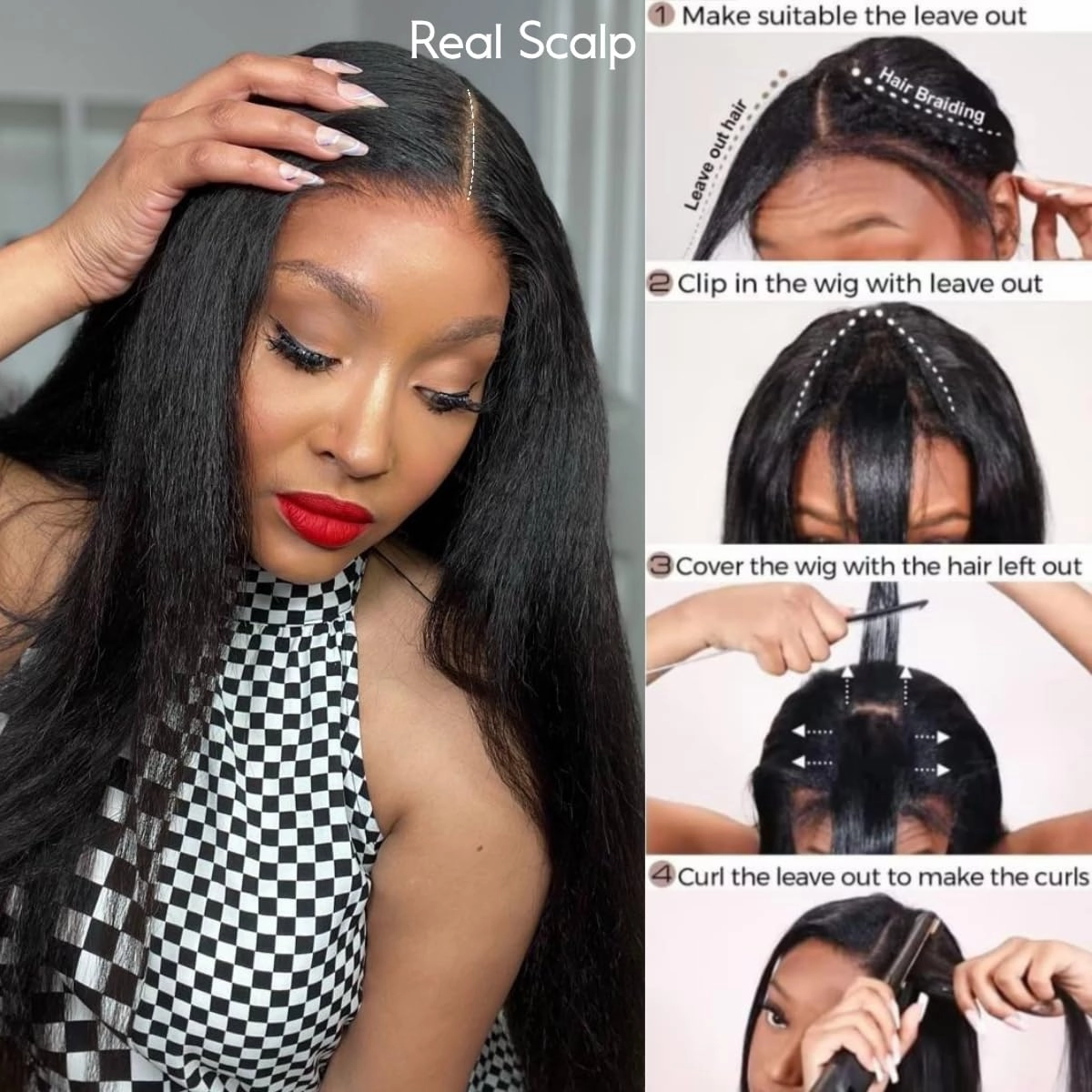 Julia Hair V Part Wig Human Hair Yaki Straight Glueless Wigs for Women 12A Briazilian Remy Hair Upgrade U Part Wig No Glue No Leave Out Beginner Friendly Natural Color 16 Inch Yaki Wig