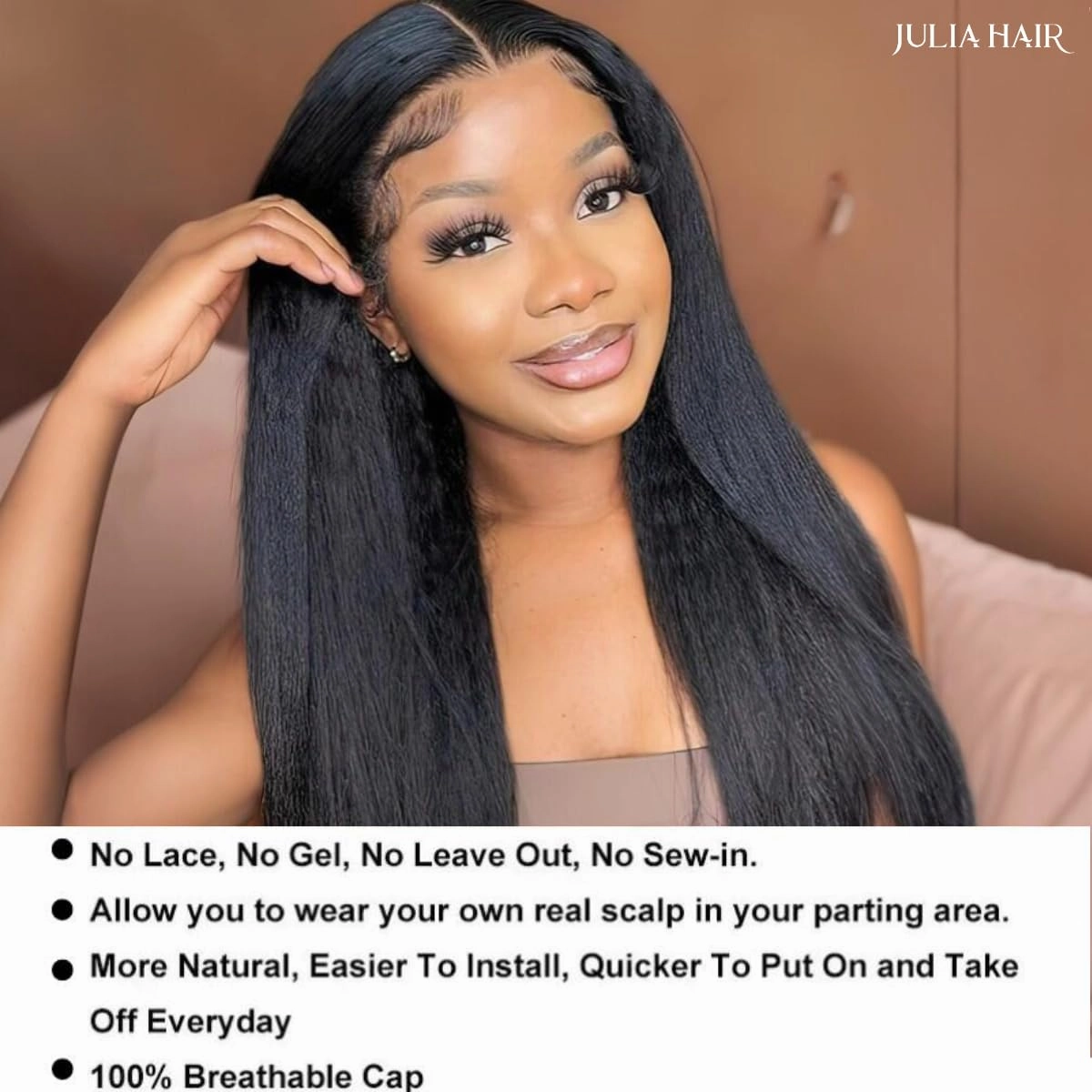 Julia Hair V Part Wig Human Hair Yaki Straight Glueless Wigs for Women 12A Briazilian Remy Hair Upgrade U Part Wig No Glue No Leave Out Beginner Friendly Natural Color 16 Inch Yaki Wig