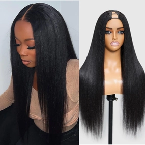 Julia Hair V Part Wig Human Hair Yaki Straight Glueless Wigs for Women 12A Briazilian Remy Hair Upgrade U Part Wig No Glue No Leave Out Beginner Friendly Natural Color 16 Inch Yaki Wig