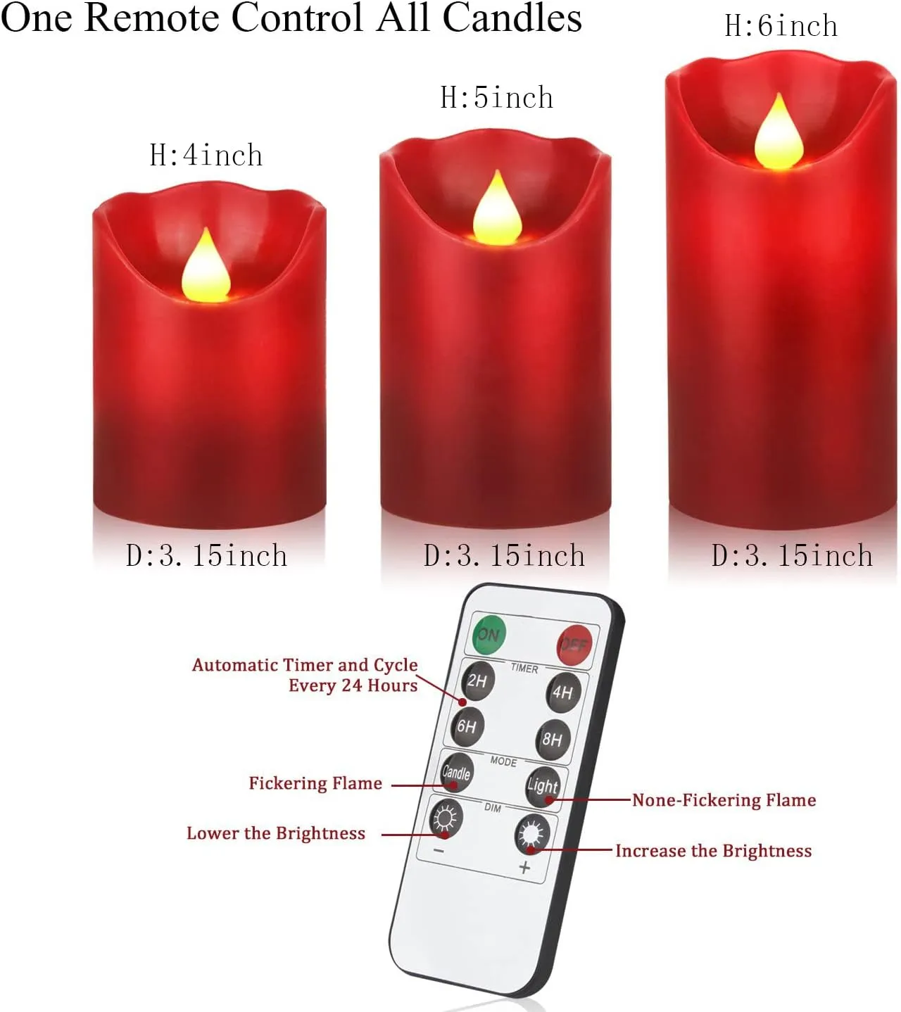 JUNPEI LED Candles, Battery Flickering Candles, Set of 3 Red Real Wax,300  Hour Decorating Pillars Candles, with10 Buttons Remote Control with 24 Hour Timer Function for Decoration Christmas