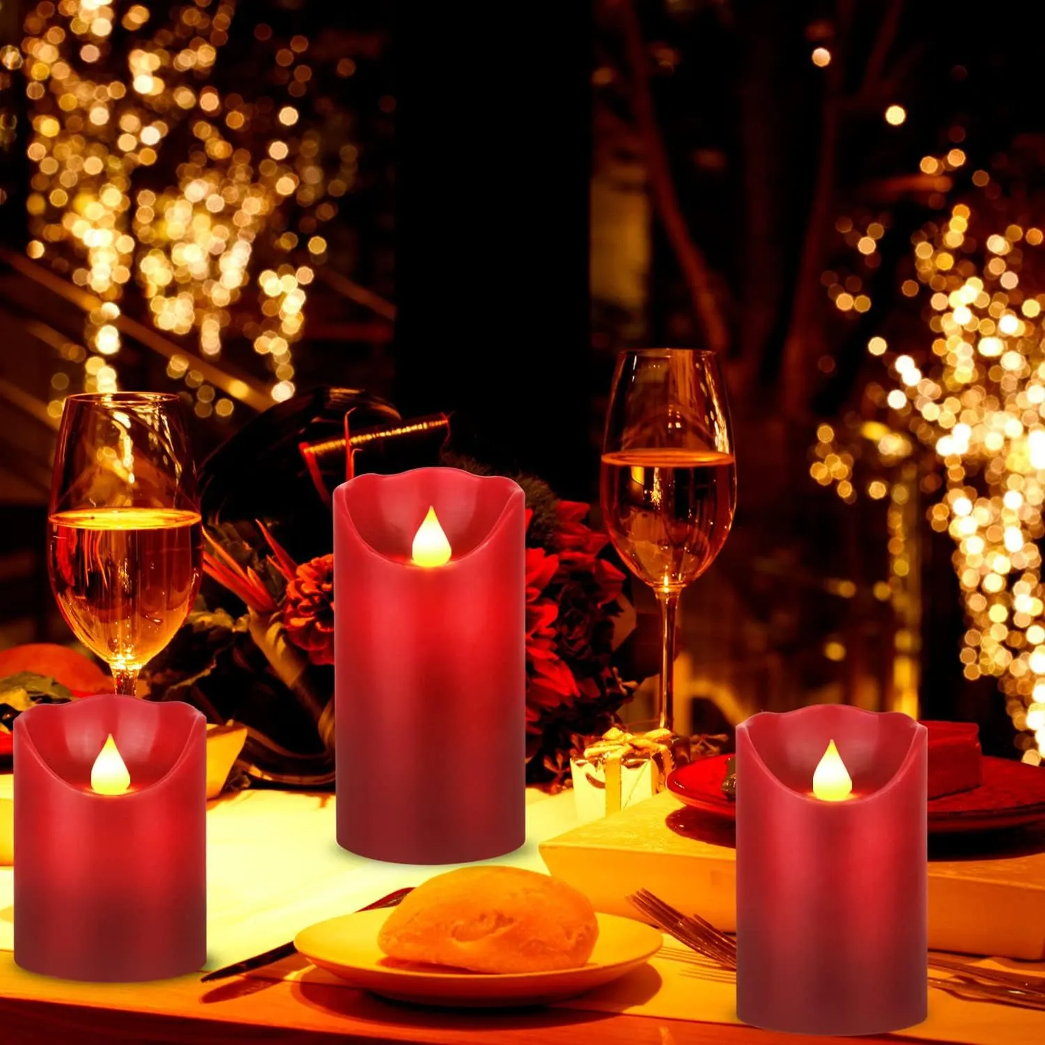 JUNPEI LED Candles, Battery Flickering Candles, Set of 3 Red Real Wax,300  Hour Decorating Pillars Candles, with10 Buttons Remote Control with 24 Hour Timer Function for Decoration Christmas