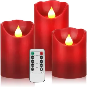 JUNPEI LED Candles, Battery Flickering Candles, Set of 3 Red Real Wax,300  Hour Decorating Pillars Candles, with10 Buttons Remote Control with 24 Hour Timer Function for Decoration Christmas