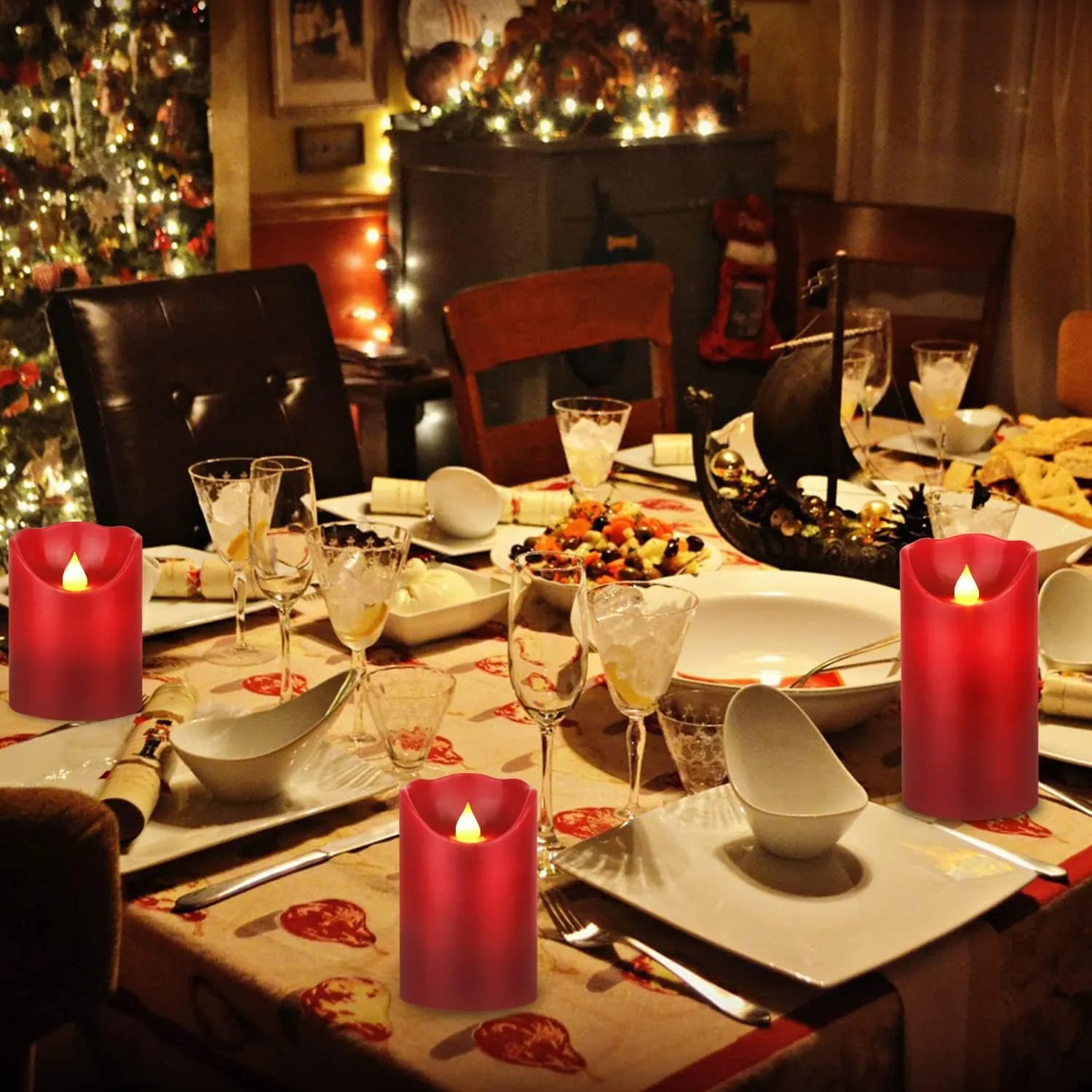 JUNPEI LED Candles, Battery Flickering Candles, Set of 3 Red Real Wax,300  Hour Decorating Pillars Candles, with10 Buttons Remote Control with 24 Hour Timer Function for Decoration Christmas