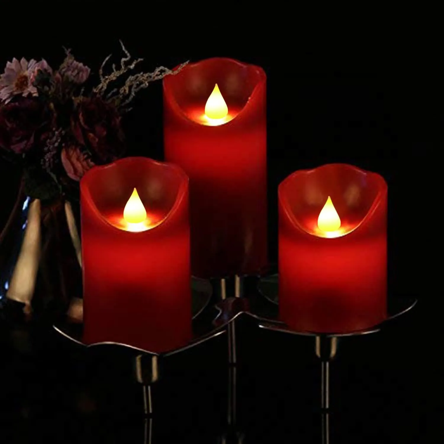 JUNPEI LED Candles, Battery Flickering Candles, Set of 3 Red Real Wax,300  Hour Decorating Pillars Candles, with10 Buttons Remote Control with 24 Hour Timer Function for Decoration Christmas