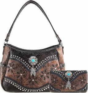 Justin West Cowgirl Leather Cut Concealed Carry Feather Concho Country Vintage Western Handbag Purse Wallet Set