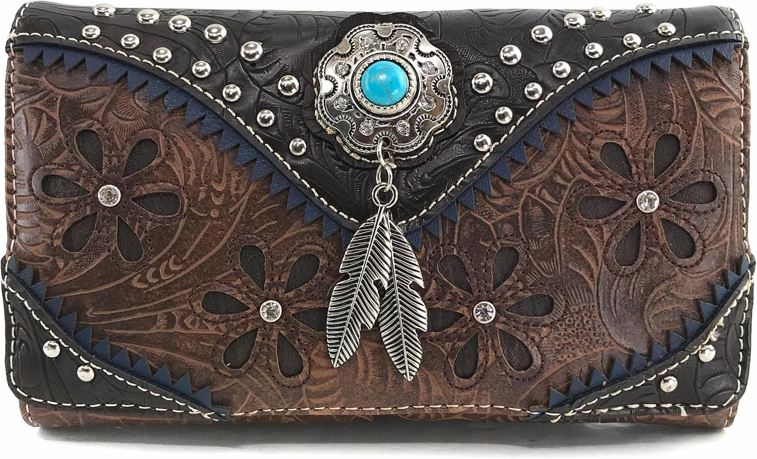 Justin West Cowgirl Leather Cut Concealed Carry Feather Concho Country Vintage Western Handbag Purse Wallet Set