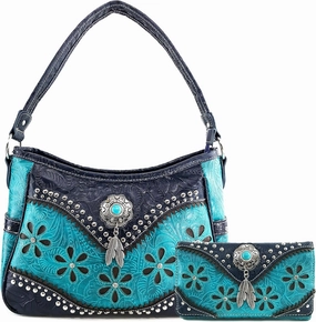 Justin West Cowgirl Leather Cut Concealed Carry Feather Concho Country Vintage Western Handbag Purse Wallet Set