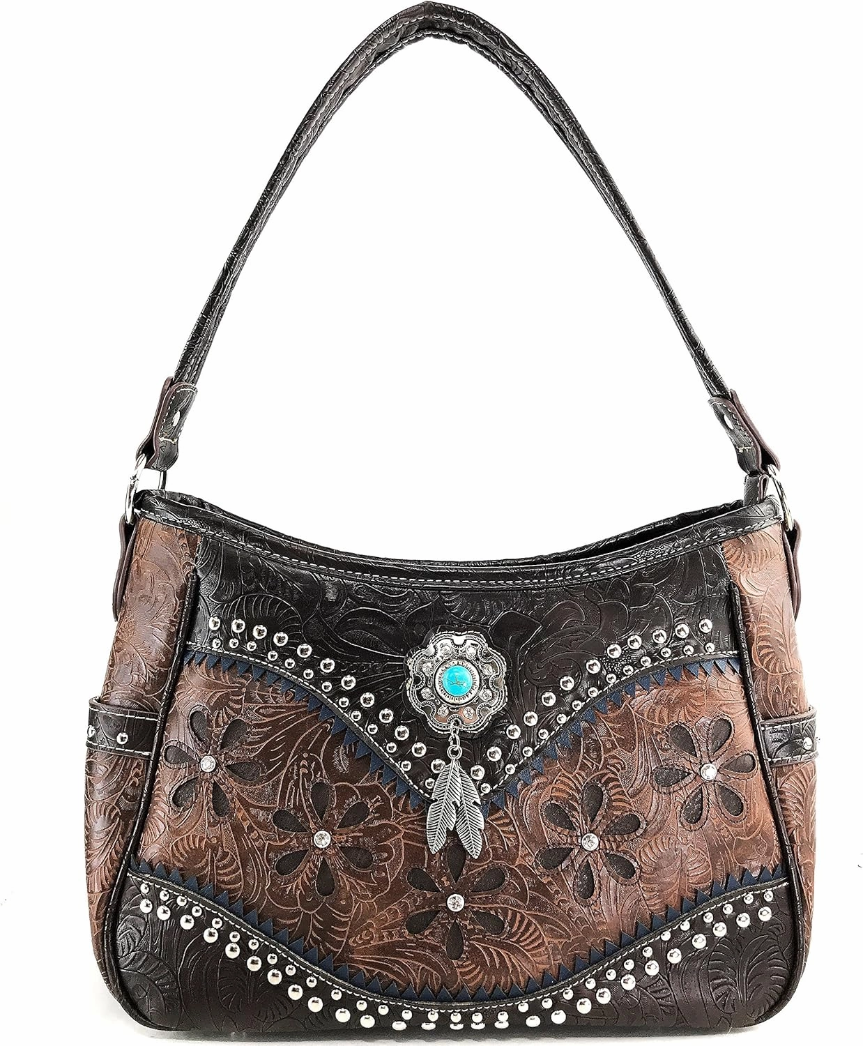 Justin West Cowgirl Leather Cut Concealed Carry Feather Concho Country Vintage Western Handbag Purse Wallet Set
