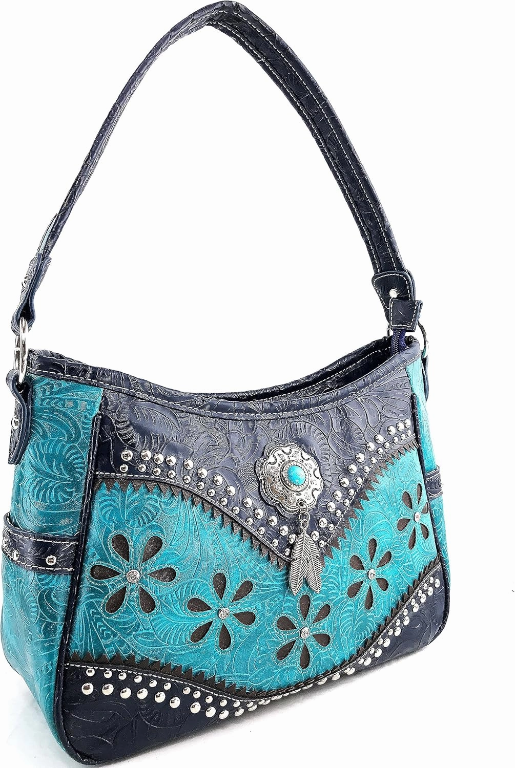 Justin West Cowgirl Leather Cut Concealed Carry Feather Concho Country Vintage Western Handbag Purse Wallet Set