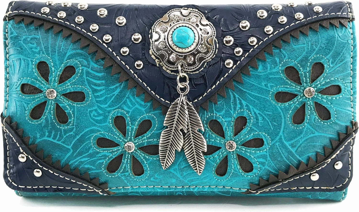 Justin West Cowgirl Leather Cut Concealed Carry Feather Concho Country Vintage Western Handbag Purse Wallet Set