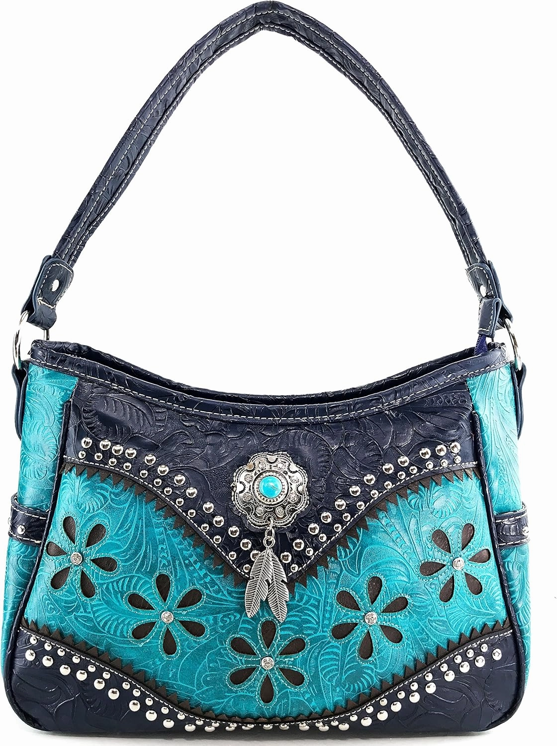 Justin West Cowgirl Leather Cut Concealed Carry Feather Concho Country Vintage Western Handbag Purse Wallet Set