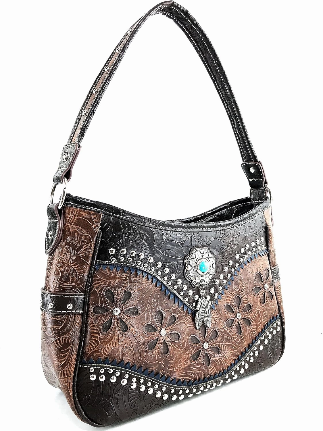 Justin West Cowgirl Leather Cut Concealed Carry Feather Concho Country Vintage Western Handbag Purse Wallet Set