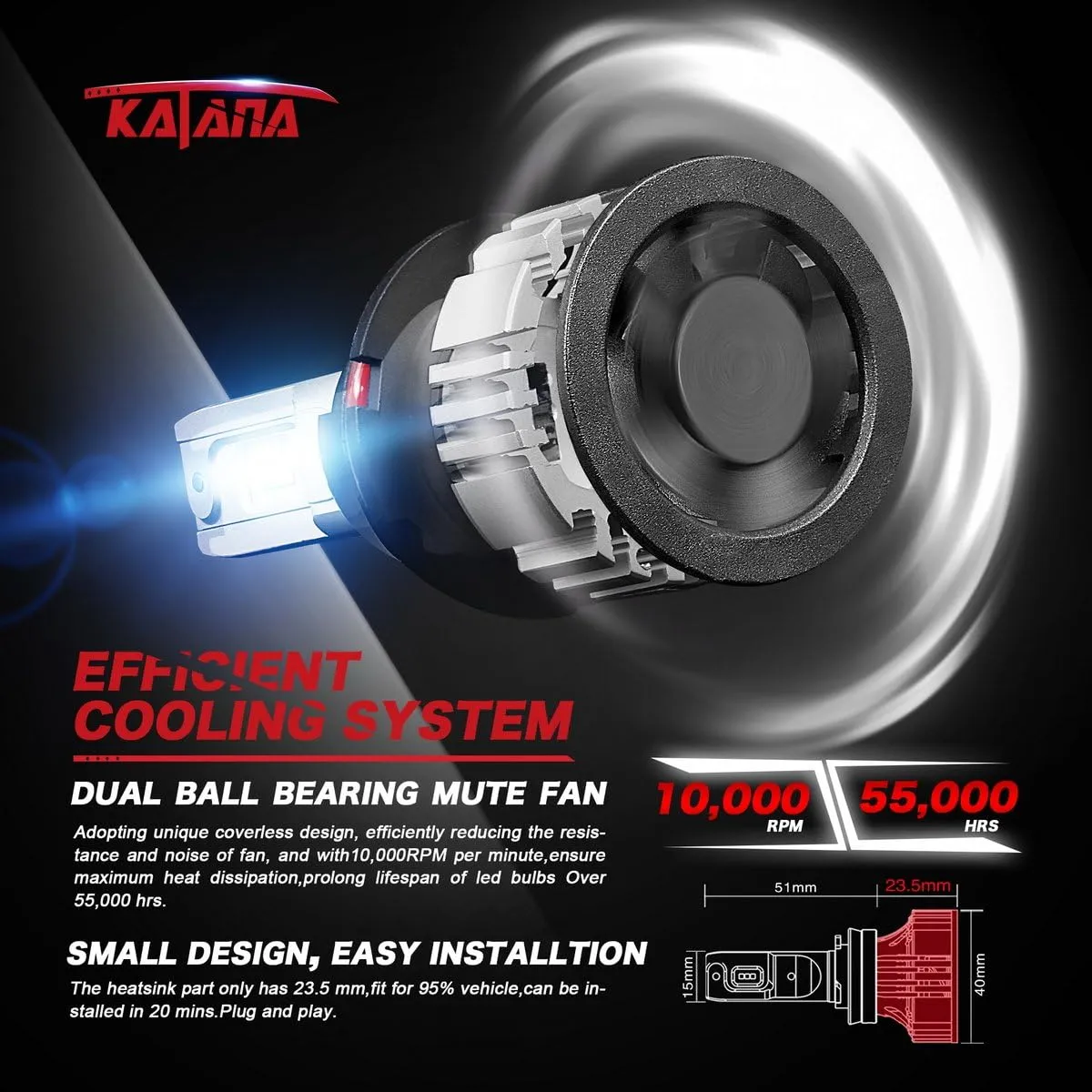 Katana H13 9008 Light Bulbs, Adjustable Beam Design - 12000LM 72W 6500K Extremely Bright Fog Light, Pack of 2