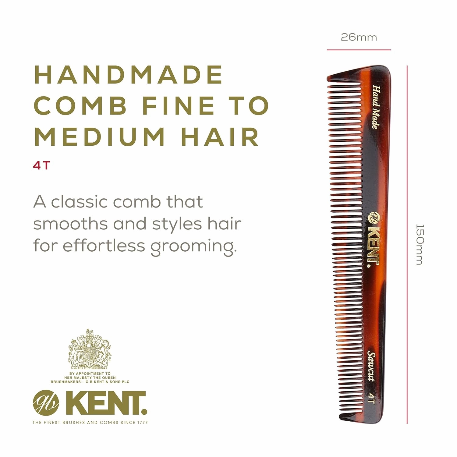 Kent 4T 6 Inch Double Tooth Comb - Fine and Wide Tooth Dressing, Grooming Comb for Hair, Beard, Mustache. Coarse and Fine Styling for Men, Women and Kids. Made in England